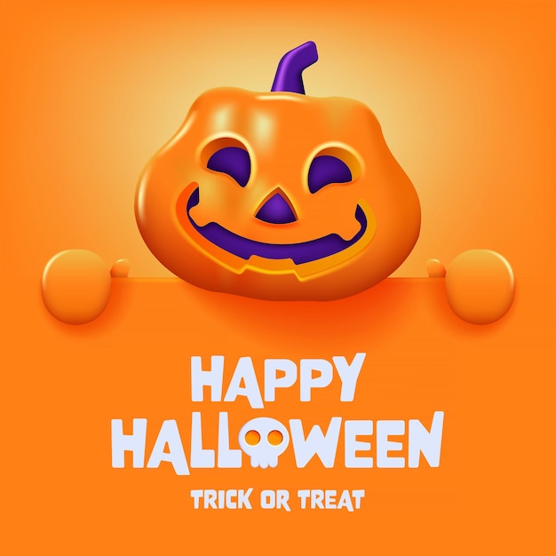 Vektor happy halloween 3d-illustration des niedlichen jack o lantern orangefarbenen kürbischarakters mit großem grußschild auf lila hintergrund halloween holiday hintergrund vektor-illustration