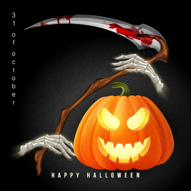 Happy halloween 3d realistische gruselige jack-laterne und sensensense