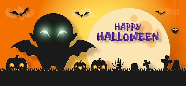 Happy halloween banner papierschnitt stil hintergrund poster spaß party süßes oder saures