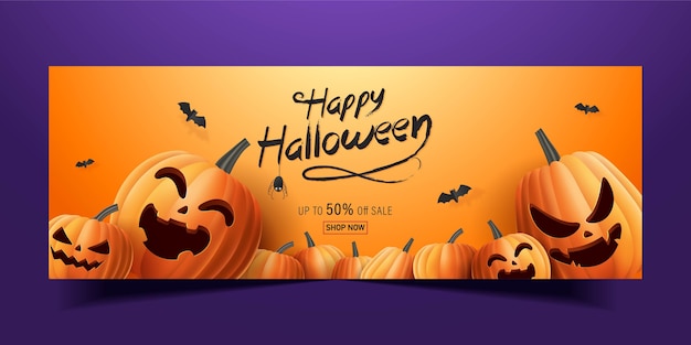 Happy halloween banner, verkaufsförderungsbanner mit fledermäusen und halloween-kürbissen. 3d-illustration