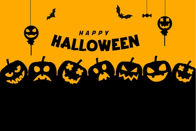 Vektor happy halloween hintergrund oder banner mit gruseligen kürbissenbatscandy mit speziellem texteffekt