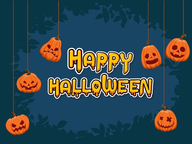 Happy halloween horizontale banner mit schriftzug gelb-orange adn mit kürbis auf blauem hintergrund. vektorillustration