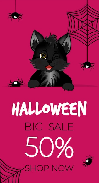 Happy halloween sale banner oder flyer süßes schwarzes kätzchen mit spinnen und spinnennetz