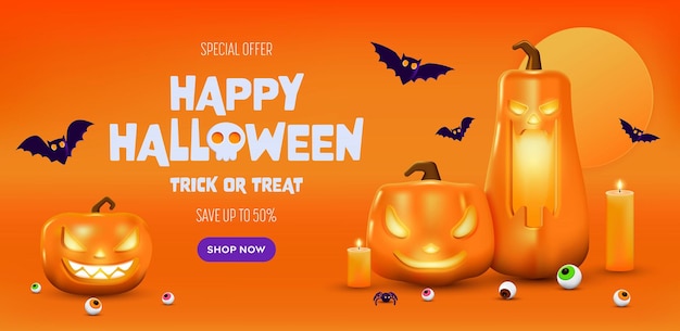 Vektor happy halloween sale banner orange festliches banner mit 3d gruselig leuchtenden kürbissen süßigkeiten augen papier fledermäuse und spinne vektor illustration happy halloween feiertag banner