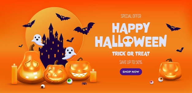 Vektor happy halloween sale banner orange festliches banner mit 3d gruselig leuchtenden kürbissen süßigkeiten augen papier fledermäuse und spinne vektor illustration happy halloween feiertag banner