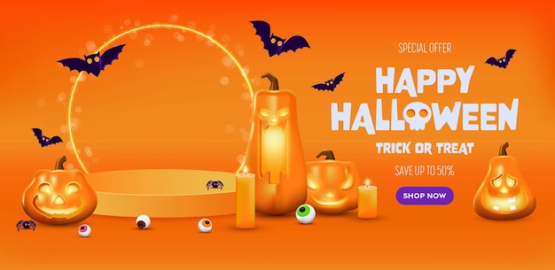 Happy halloween sale banner orange festliches banner mit 3d gruselig leuchtenden kürbissen süßigkeiten augen papier fledermäuse und spinne vektor illustration happy halloween feiertag banner