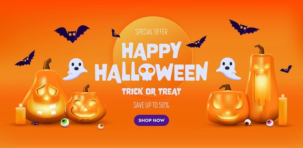 Vektor happy halloween sale banner orange festliches banner mit 3d gruselig leuchtenden kürbissen süßigkeiten augen papier fledermäuse und spinne vektor illustration happy halloween feiertag banner