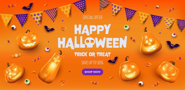 Vektor happy halloween sale banner orange festliches banner mit 3d gruselig leuchtenden kürbissen süßigkeiten augen papier fledermäuse vektor illustration happy halloween feiertags banner