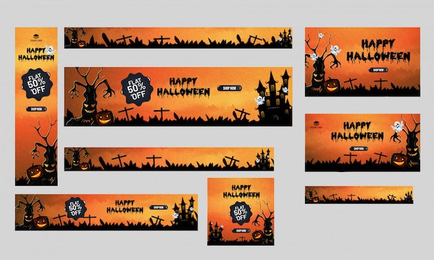 Vektor happy halloween sale header oder banner-set, flache 50% rabatt aus