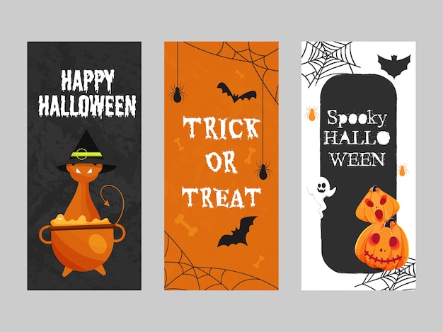 Vektor happy halloween spooky und trick or treat template design in drei farboptionen