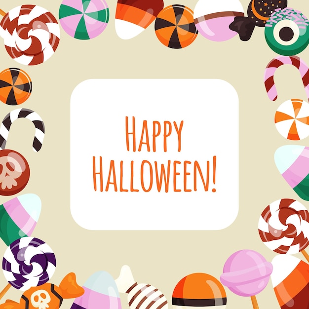 Happy halloween süßer hintergrund mit süßigkeiten square template design lichtrahmen mit süßigkeiten lutscher karamell-dessert für helloween holiday party farbige flache vektorillustration