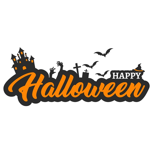 Happy halloween vector schriftzug mit halloween illustrationen für banner, poster, grußkarte, partyeinladung