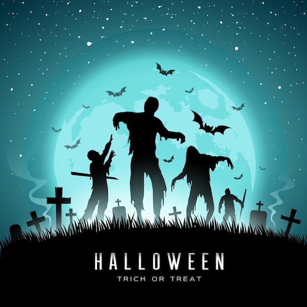 Happy halloween zombies und fledermaus auf vollmond hintergrund vektor-illustration