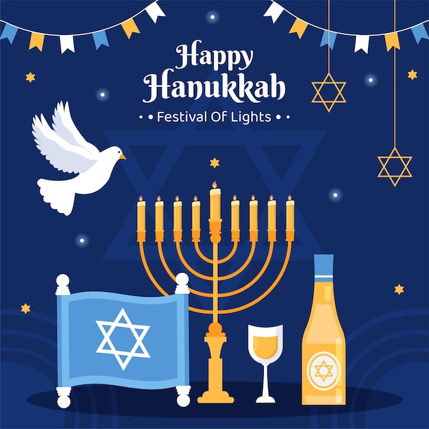 Happy Hanukkah jüdische Feiertags-Hintergrund-Schablonen-Hand gezeichnete Karikatur-flache Illustration