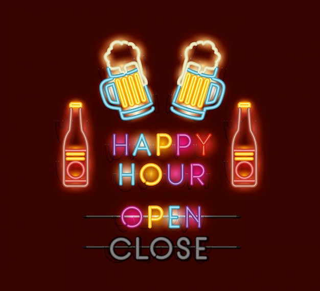 Happy hour mit bier schriftarten neonlichter