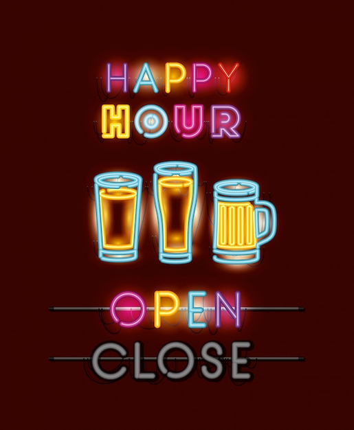 Vektor happy hour mit bier schriftarten neonlichter