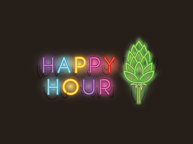 Happy hour mit neonlichtern mit spike-schriftarten