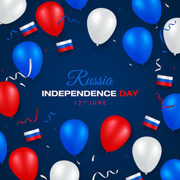 Happy independence day of russia karte mit roter blauer weißer flagge und ballons