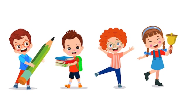 Happy kids cartoon-sammlung multikulturelle kinder in verschiedenen positionen isoliert auf weißem hintergrund