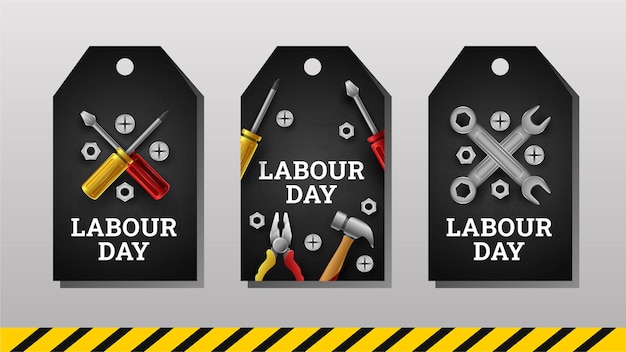 Happy labour day label mit gelbem streifen und werkzeugen