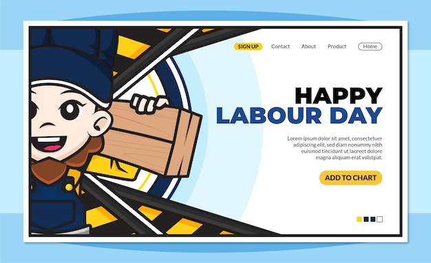 Happy labour day landingpage vorlage mit niedlichen zeichentrickfigur der arbeiter