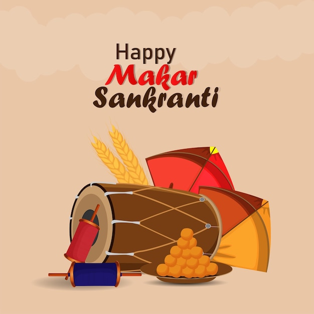 Happy makar sankranti banner oder header mit laddoo und schönen drachen