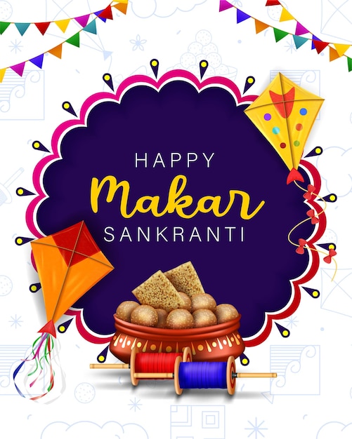 Happy makar sankranti festival banner kite latai und süßigkeiten illustration