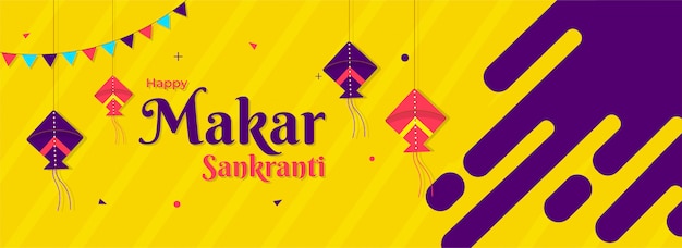 Happy Makar Sankranti Header oder Banner Design mit Han dekoriert
