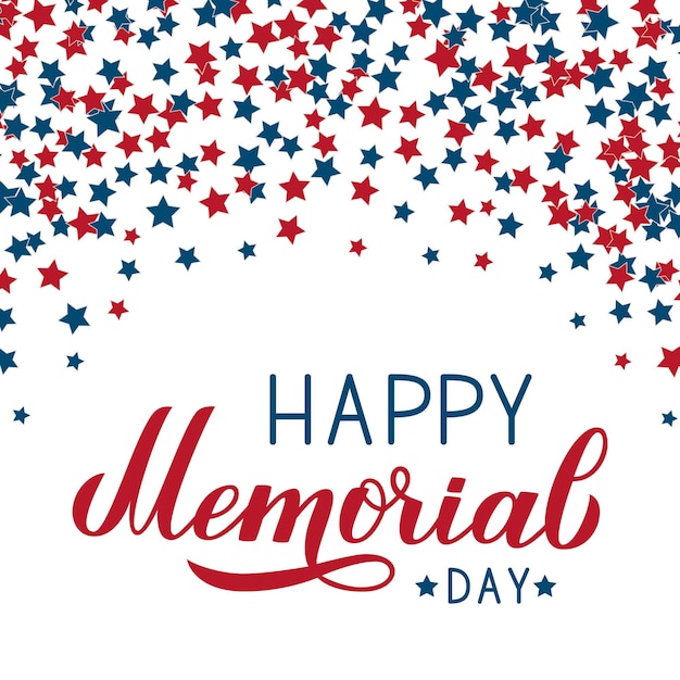 Happy Memorial Day-Kalligrafie-Schriftzug, amerikanischer Retro-Patriotischer Hintergrund, rot-blaue Sterne, Konfetti. Einfach zu bearbeitende Vektorvorlage für Logo-Design, Banner, Grußkarte, Postkarte, Flyer