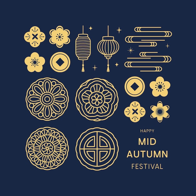 Happy Mid Autumn Festival Vektorbanner mit traditionellen chinesischen Mustern, Mondkuchen, Blumen, Wolken