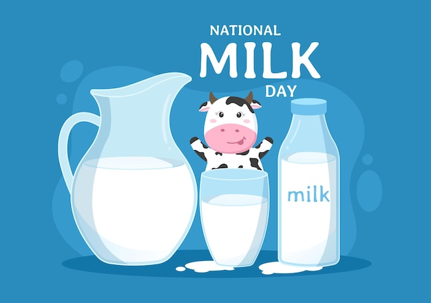 Happy milk day illustration celebration mit splash drop in glatter welle von weißer frischer milch der kuh