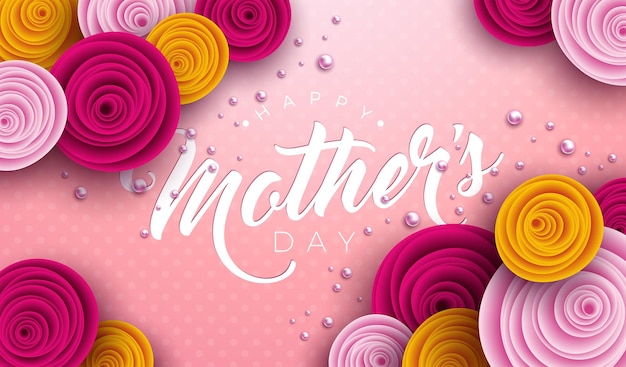 Happy mother's day illustration mit rose flower pearl und typografie-brief auf rosa hintergrund