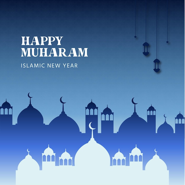 Happy Muharam Islamische Neujahrsgrußkarte Minimalistisches Design Blaue Farbe