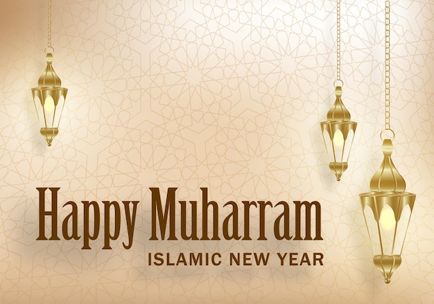 Happy Muharram das neue Hijri-Jahresdesign des islamischen Neujahrs mit goldenem Muster auf farbigem Hintergrund