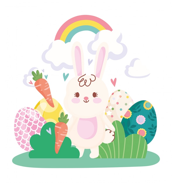 Happy Ostern niedlichen Hasen Karotten Eier Regenbogen Gras Dekoration