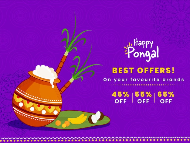 Happy pongal sale poster design mit traditionellem gericht (reis) im schlammtopf, zuckerrohr und obst über bananenblatt auf lila strudel-muster-hintergrund.