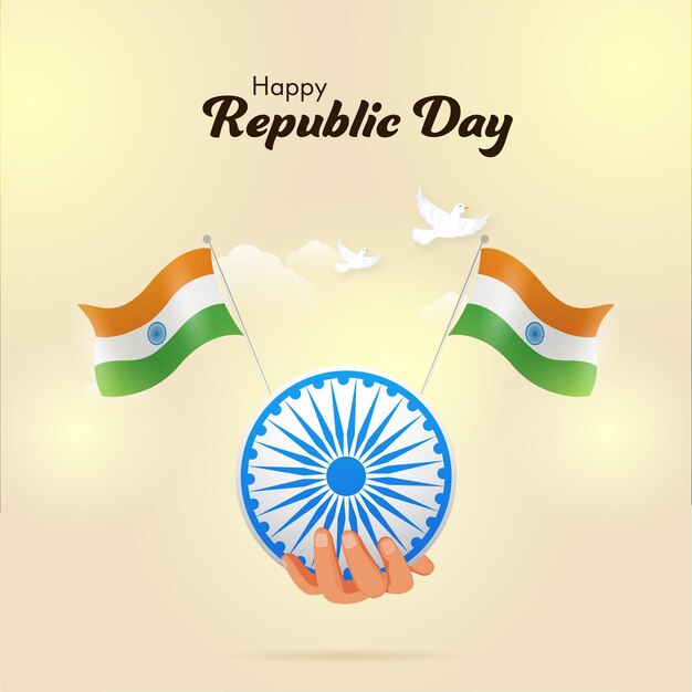 Happy republic day celebration poster design mit hand, die ashoka wheel hält