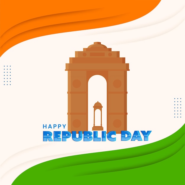 Happy republic day poster design mit india gate, canopy monument und paper layer wave auf tricolor hintergrund.