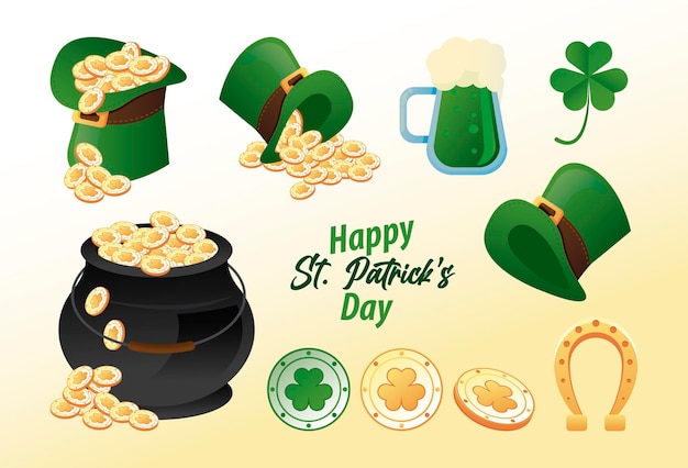 Happy saint patricks day schriftzug mit set icons illustration