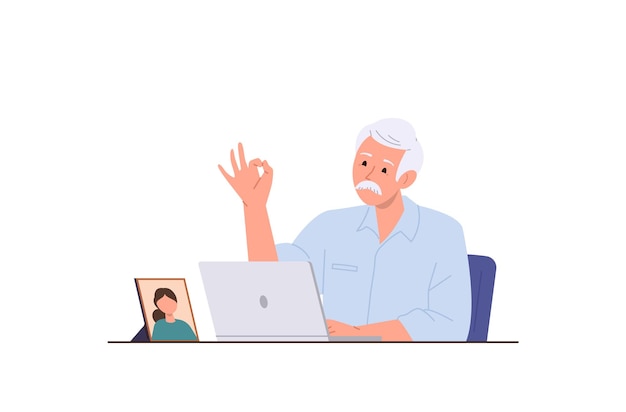Happy senior mann cartoon-figur mit laptop-computer für die online-kommunikation mit verwandten vektor-illustration von älteren männern, die einen videoanruf mit einem arzt führen, online einkaufen oder studieren