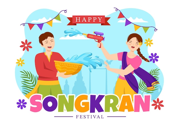 Happy songkran festival day illustration mit wasserpistole in thailand in cartoon hand gezeichnet