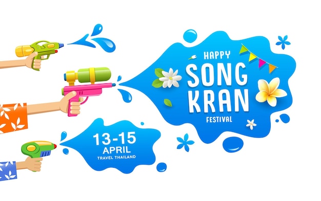 Happy Songkran Festival Thailand Pistole in der Hand Wasserspritzer Sammlung Banner Hintergrund, Illustration