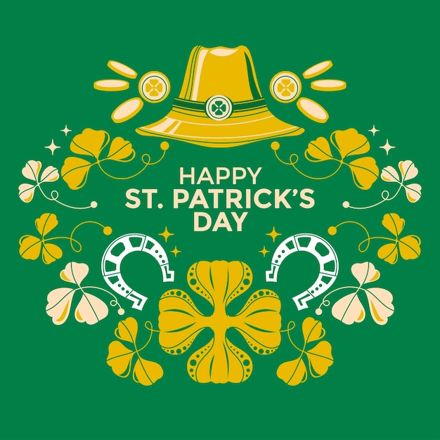 Happy st. patrick's day handschrift mit blatt-hintergrund-vektor-illustration