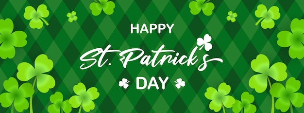 Happy st. patricks day banner-vektorillustration shamrock auf grünem argyle-muster