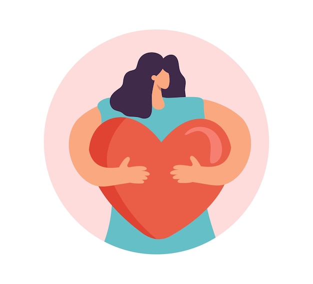 Happy St Valentinstag Vektor-Grußkarte Glückliche Frau mit großer rosa umarmter Herzillustration