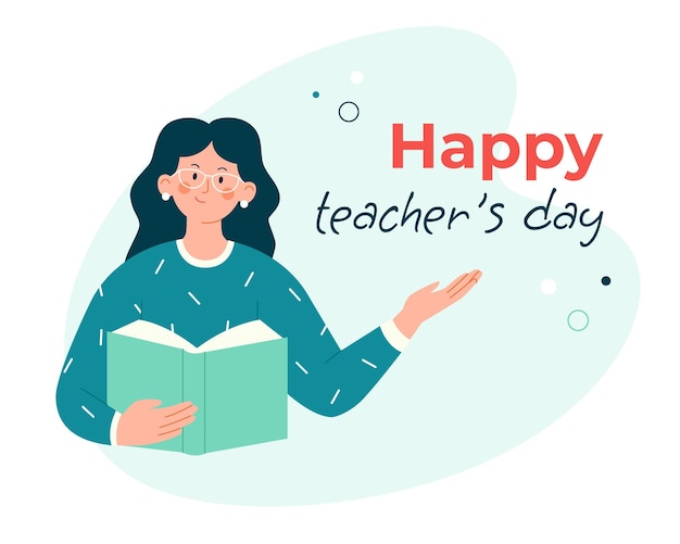 Happy Teacher's Day Text Lehrerin mit Buch auf abstraktem Hintergrund