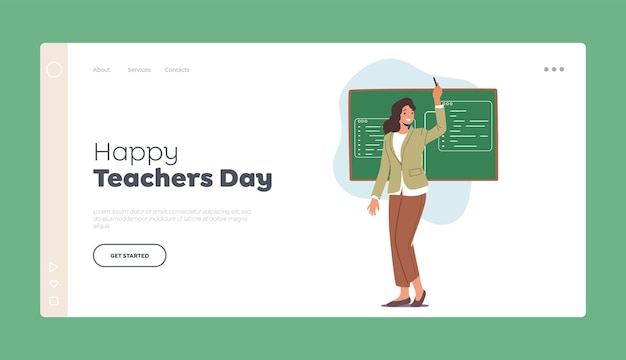 Happy teachers day landing page template freundliche lehrerin frau steht an der tafel erklären sie die lektion der weiblichen schultutorin