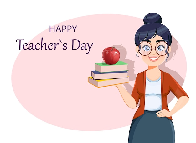 Happy techer day grußkarte nette weibliche lehrer-cartoon-figur mit büchern und apfel