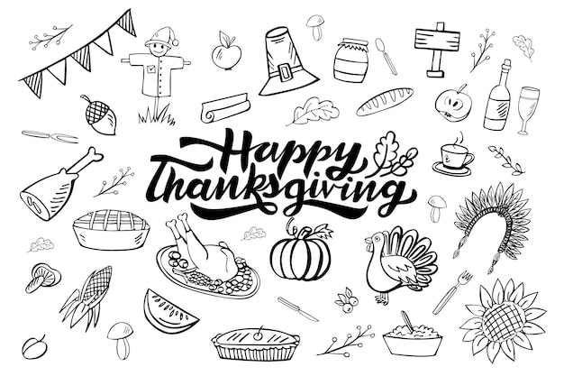 Happy thanksgiving day handgezeichneter doodle-satz von 36 elementen