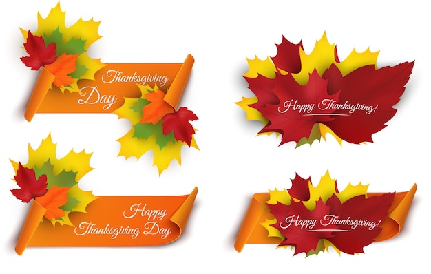 Happy thanksgiving day tags gesetzt. grußkarten-gestaltungselement mit ahorn verlässt web-banner